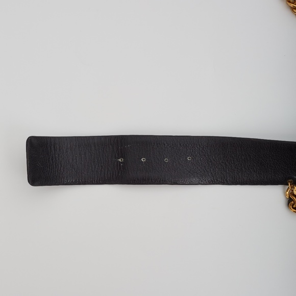 CHANEL BLACK LEATHER GOLD MEDALLION CHARM LONG CHAIN DROP BELT 1992 (SIZE 65/26) - Picture 6 of 10